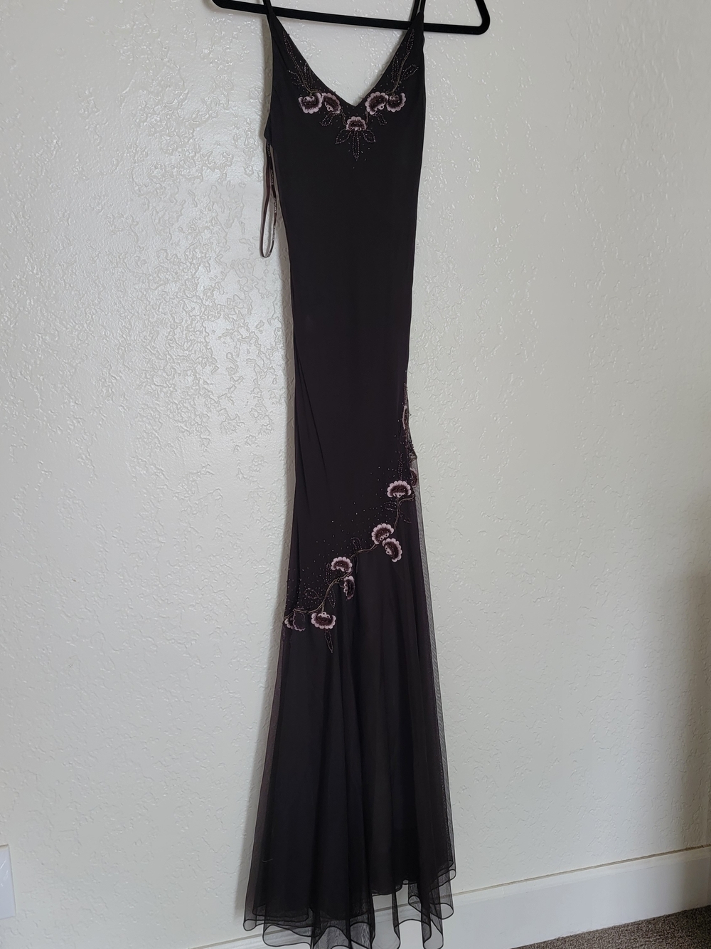 Xscape Vintage Beaded Silk Brown Maxi Dress with Pink Floral Embroidery